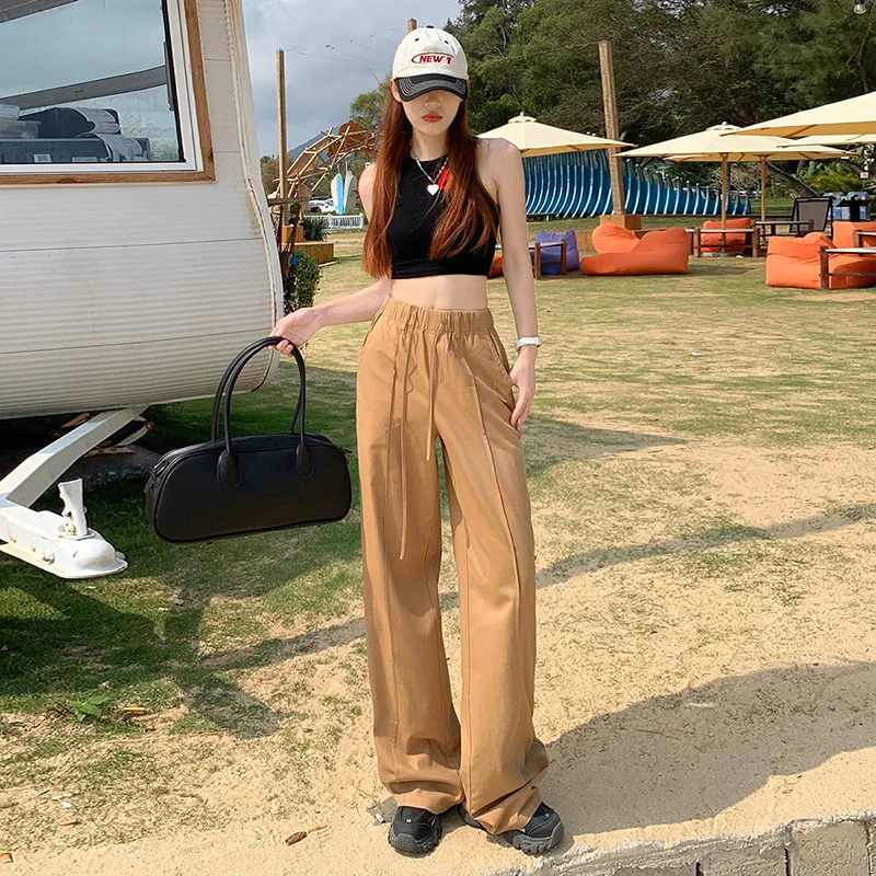 Women Khaki Pants Goddess High Waisted Wide Leg Pants Thin Drape Floor Mopping Loose Casual Straight Womens Clothing