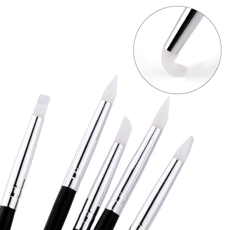 200 Sets 5 stk/set Nail Vijf Sets Nail Gereedschap Super Zachte Siliconen Pen Kleine Hoofd Siliconen Emmer Pen Zwarte Staaf holle Carving