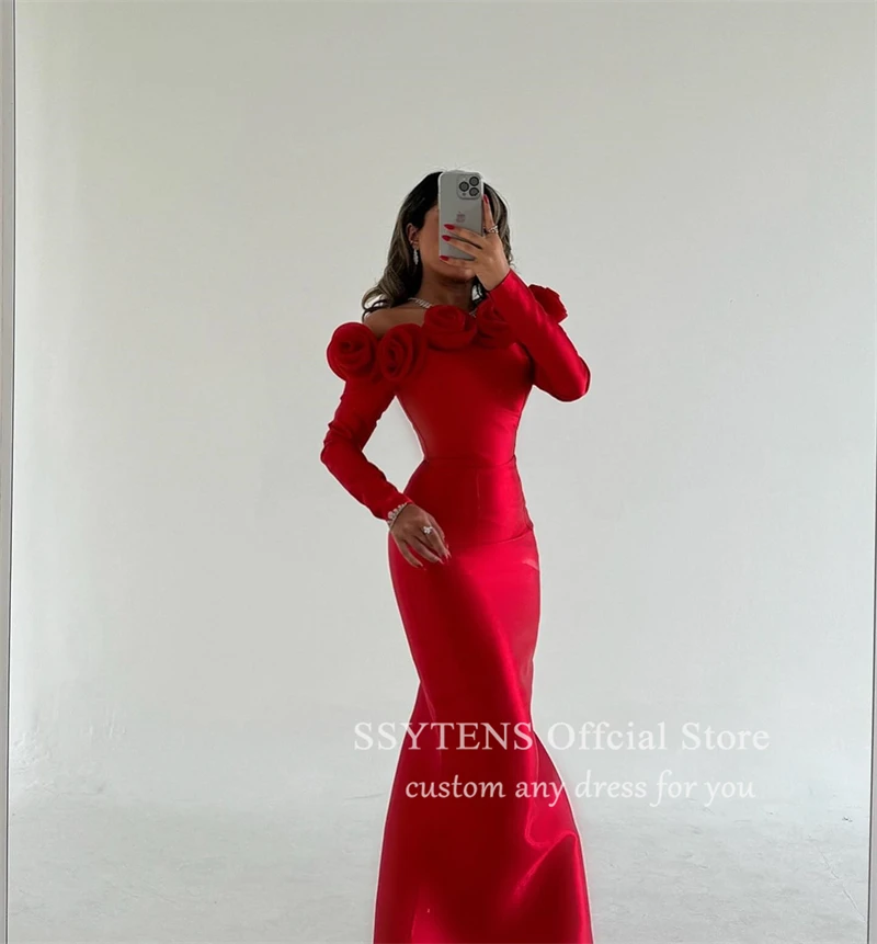 SSYTENS Saudi Red 3D Flowers Formal Occasion Dresses 2024 Mermaid Wedding Strapless Long Party Prom Evening Gowns فساتين الحفلات