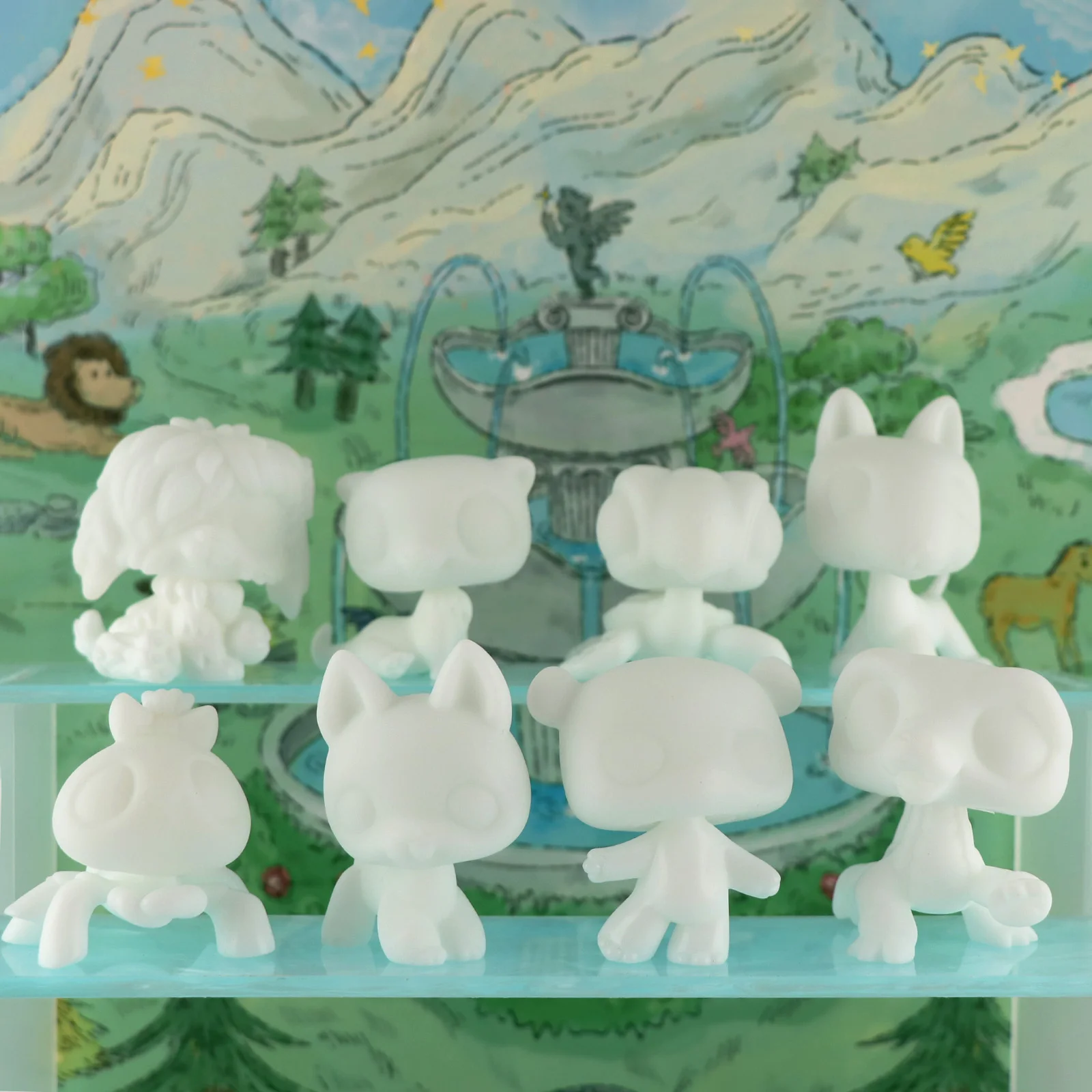 Biała baza LPS Minilpsshop do malowania figurek zwierząt: krokodyl, pająk, owczarek niemiecki, żółw, panda, bullterier i owczarek szkocki DIY