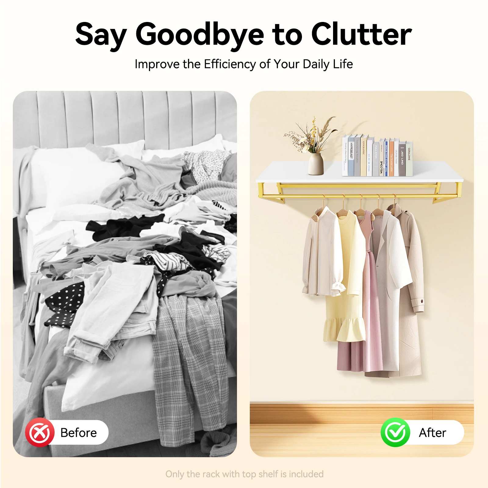 رف ملابس مع رف علوي، رف ملابس مستطيل مثبت على الحائط، رف ملابس معلق بسعة تحميل 30 كجم