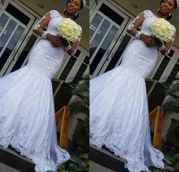 Vestidos de novia de sirena de manga larga de encaje con apliques de tul blanco de cola de barrido personalizado hecho a medida boda sudafricana Go