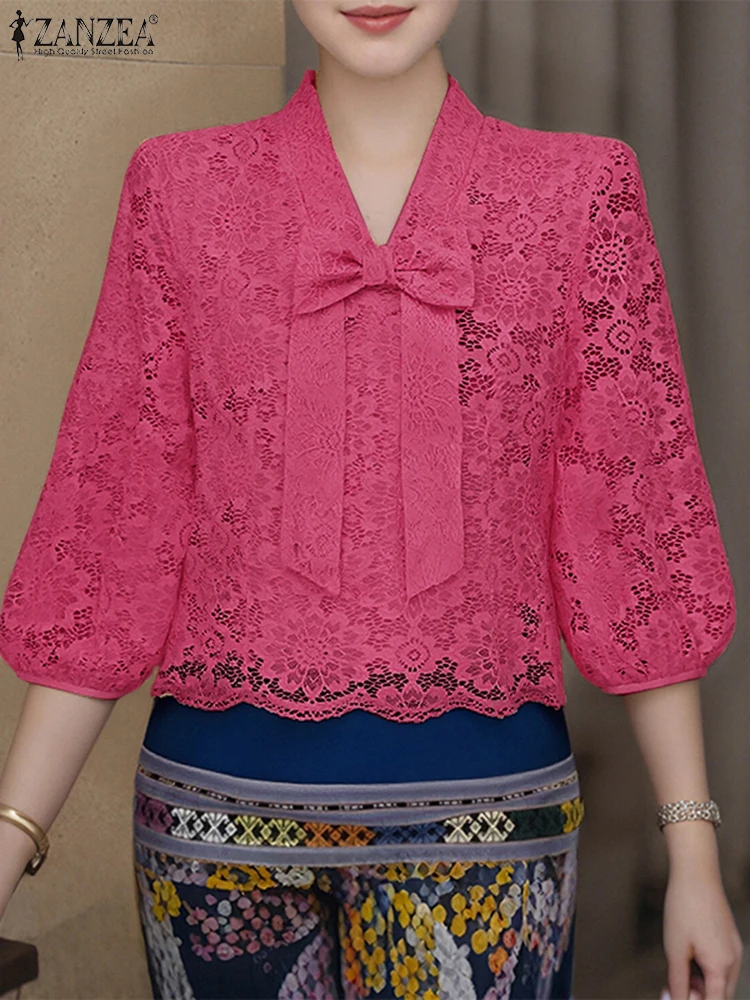 2025 ZANZEA elegante blusa de encaje para mujer con cuello en V pajarita camisas de oficina para mujer otoño 3/4 Puff manga Casual moda Blusas Tops