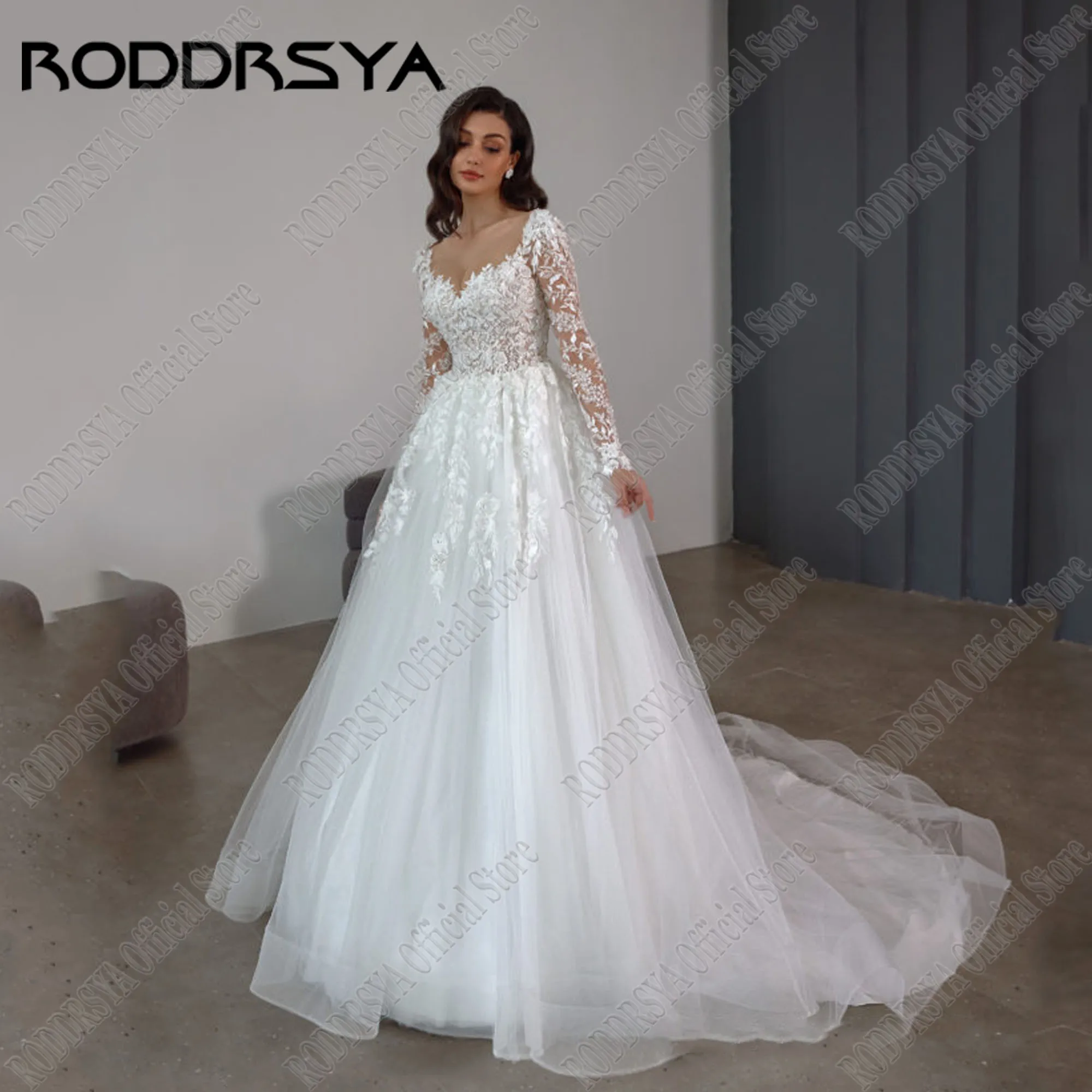 

RODDRSYA Customized Wedding Dress 2025 Bride Luxury Applique Scoop Neck Sweep Train Bride Gowns Full Sleeve vestidos de novia
