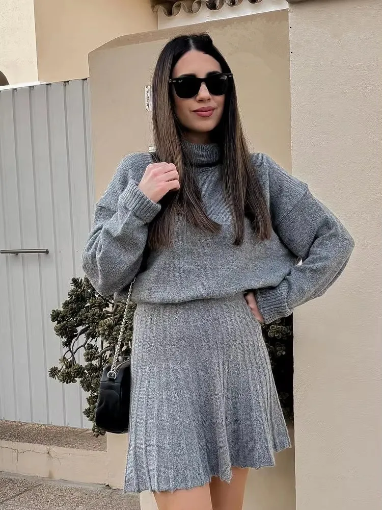 Winter Knitted Skirt Suit Women Fashion Long Sleeve High Collar Pullover Sweater + Mini Skirts 2 Pieces Set 2024 Female Outfits