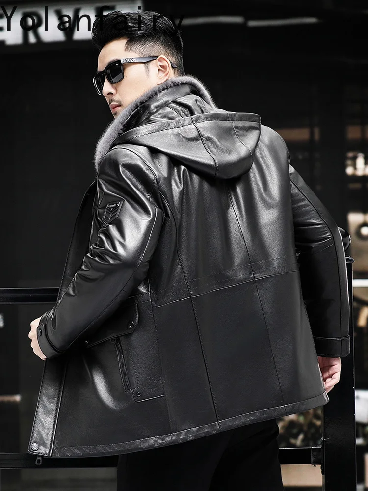 YOLANFAIRY سترة جلدية أصلية للرجال بقلنسوة شتوية فاخرة 2025 معطف بطانة من فرو المنك بالكامل معاطف دافئة من الفرو الحقيقي ملابس للرجال
