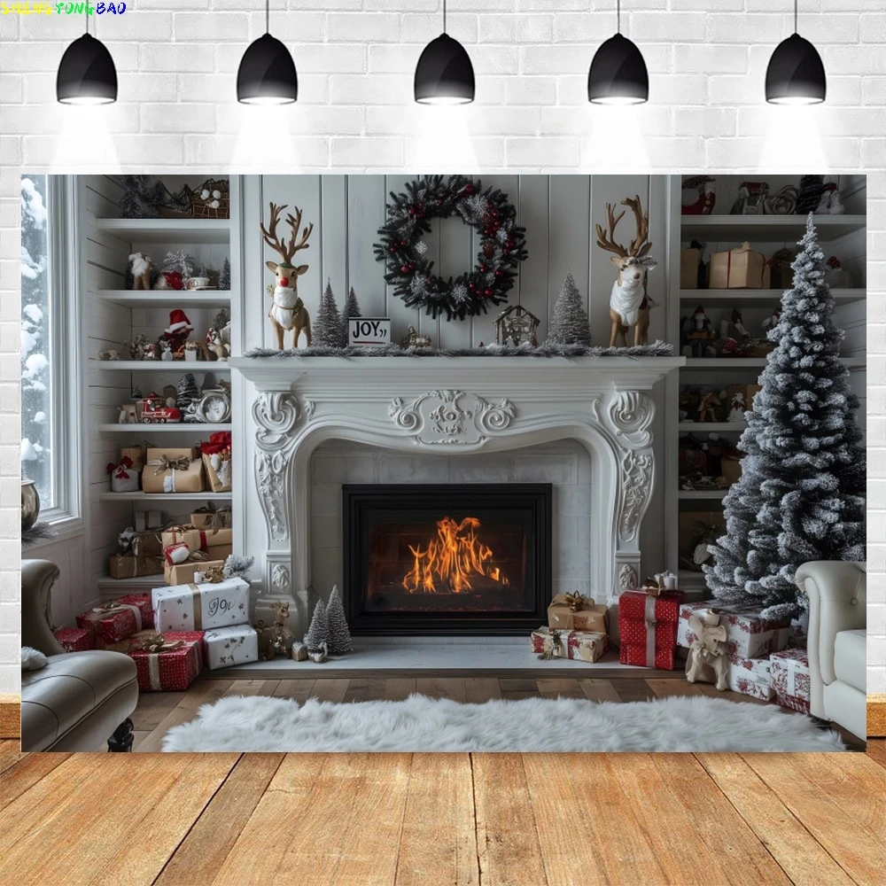

White Christmas Fireplace Photo Backdrop Winter Xmas Tree Stockings Gifts Background Kids Holiday Party Banner Photosoot Props