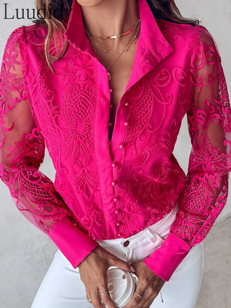 

Women Sexy See Through Sheer Mesh Embroidery Button Shirt