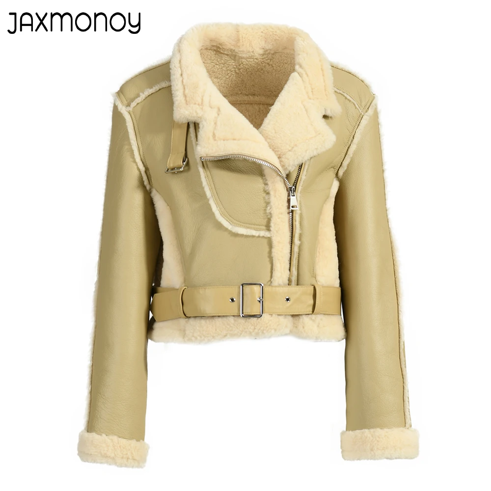 Jaxmonoy Shearling Coat for Women 2022 Autumn Winter New Style Warm Genuine Leather Jacket Solid Belt Slim Outerwear Female