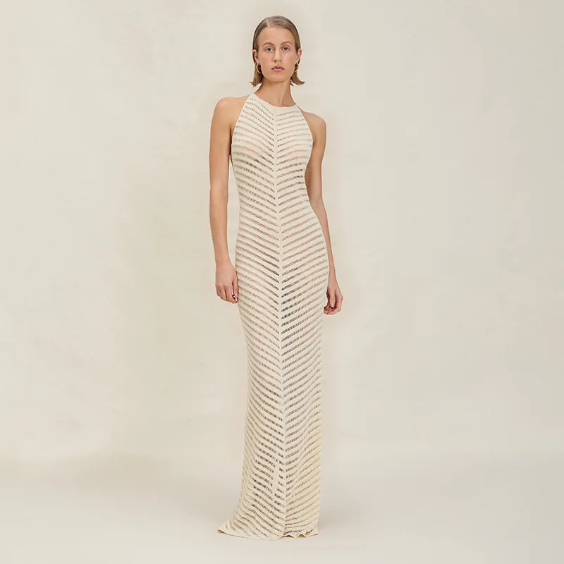 فستان ماكسي محبوك بفتحات واسعة للنساء بدون ظهر بدون أكمام يسمح بمرور الهواء فساتين صيفية لحفلات العطلات 2025 ملابس نسائية جديدة