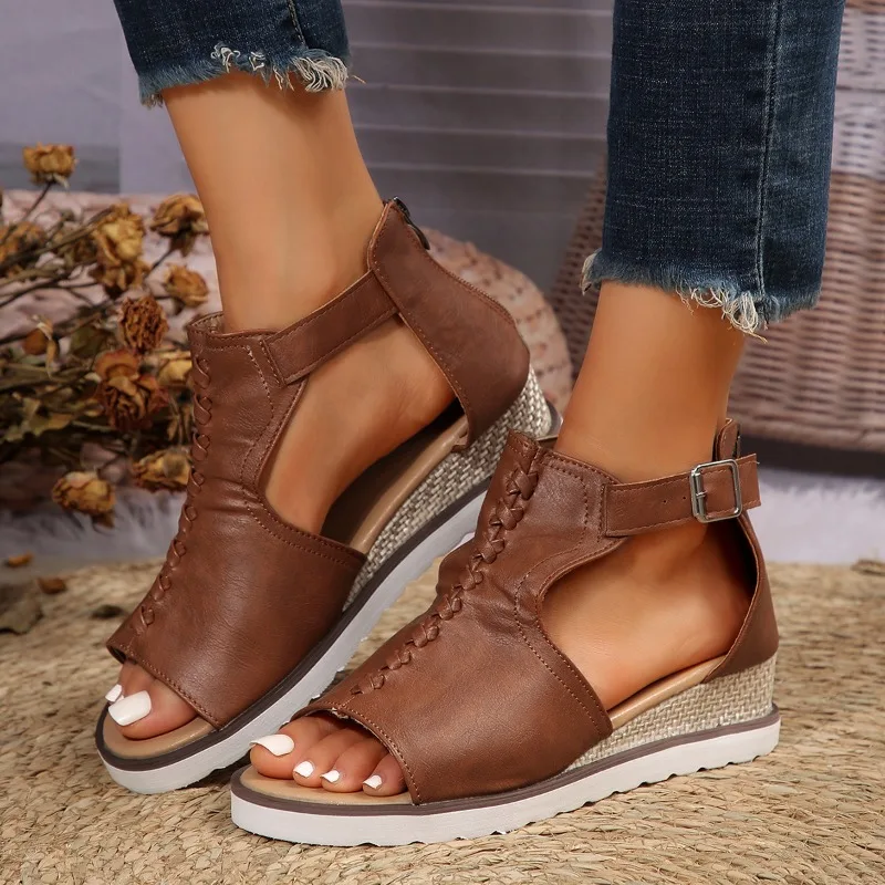 Sandały damskie Summer New Vintage Round Head Hollowed-out Bag Heel Zipper Sandals Casual Comfortable Non-slip Wedge Shoes