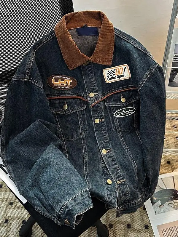 

Ретро американский Хай-стрит с вышитым воротником, джинсовое пальто для мужчин и женщин, весеннее новое джинсовое пальто Cool Brand Bad Boy, молодежный тренд