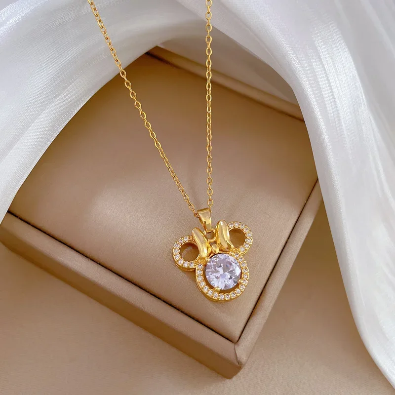 Cute Mouse Bow Minnie Rhinestone Necklace for Women Party Accessories Jewelry Cartoon Choker Necklace Titanium Steel