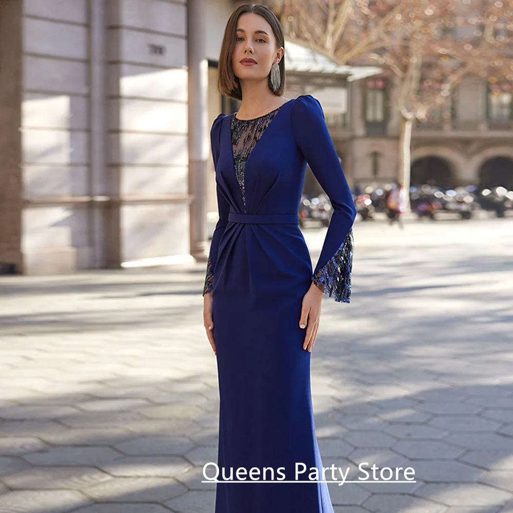Marineblaues Kleid für die Brautmutter, maßgeschneidert, Rundhalsausschnitt, lange Ärmel, funkelnde Pailletten, Meerjungfrau-Partykleid, Kleider für Hochzeitsgäste