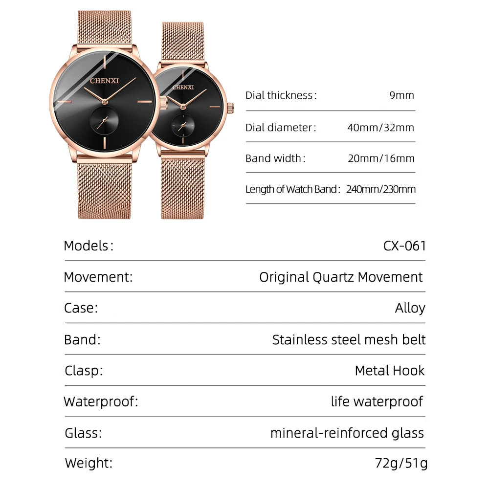 CHENXI الفاخرة للماء الرجال النساء كوارتز ساعة موضة عادية شبكة من الاستانلس استيل حزام زوجين قسط ساعة اليد للهدايا