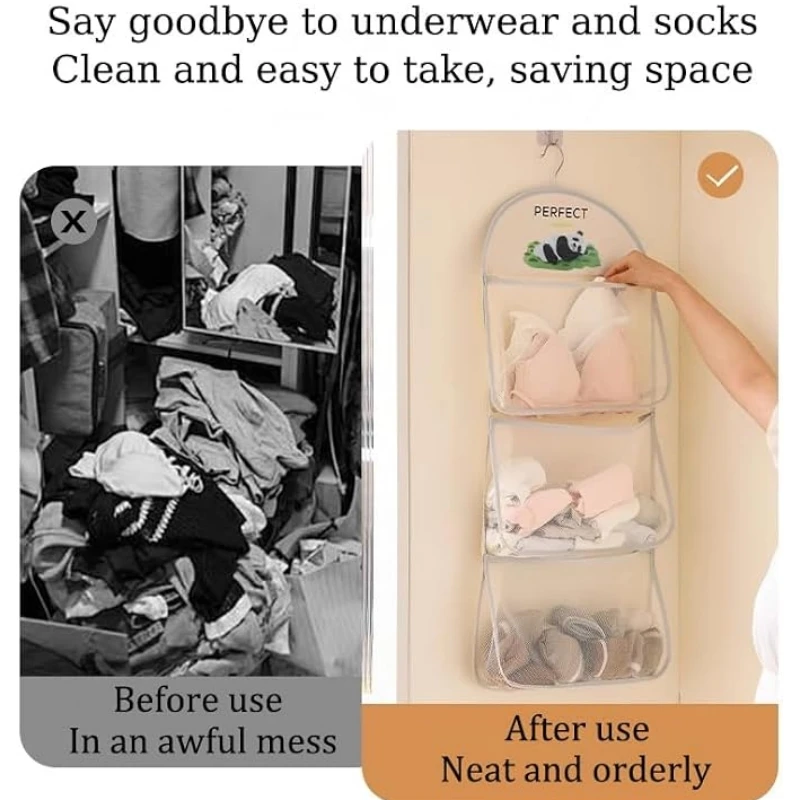 1/2/3-stöckiger Netz-Hängeaufbewahrungsbeutel, Wand- und Schrank-Organizer, Sichtbare Netztasche für BHs, Unterwäsche, Socken, Wohnheim, Zuhause, Kleiderschrank-Aufbewahrung – Detail 7