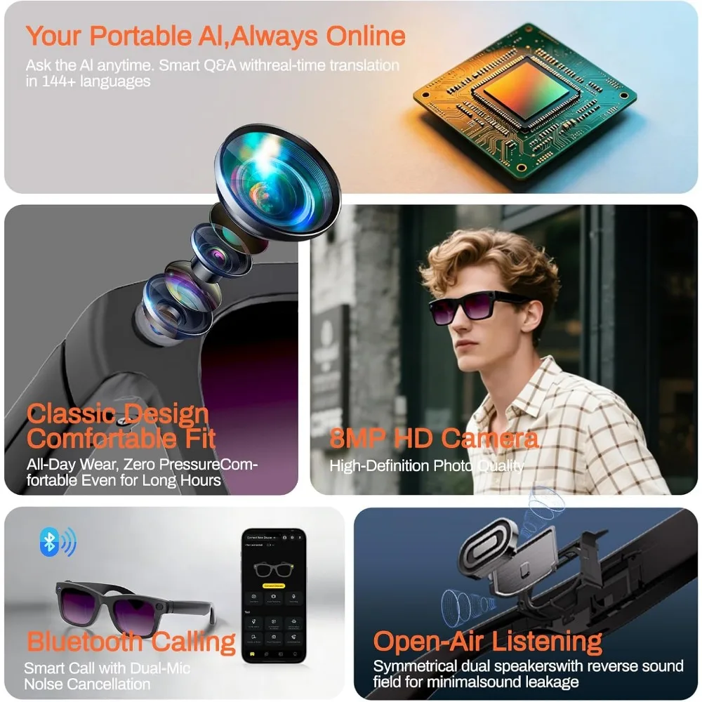 AI Translation, Bluetooth Calling, 8-hour Music Playback Smart Glasses, Purple Lens With Camera, Audio - view 3