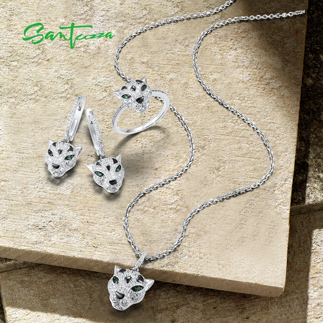 SANTUZZA Set di gioielli per donna Argento sterling 925 Spinello verde Bianco CZ Orecchini pendenti con leopardo Set di anelli Gioielli alla moda per feste