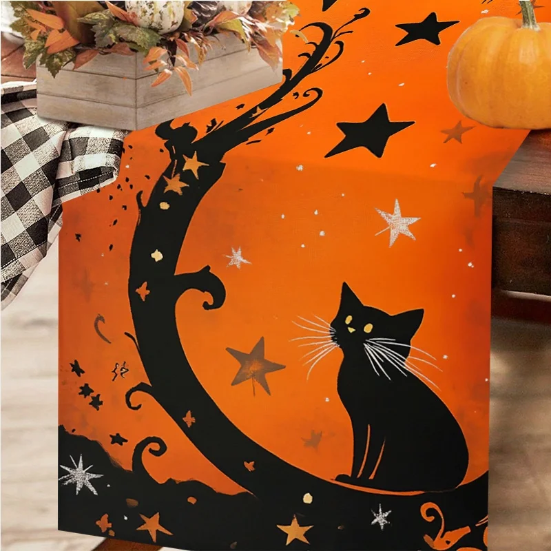 1Pc Halloween Theme Table Flag, Scary Orange Background with Flying Broom Star Pattern, Suitable for Party, Restaurant, Home, Market, Holiday Decoration Scene.