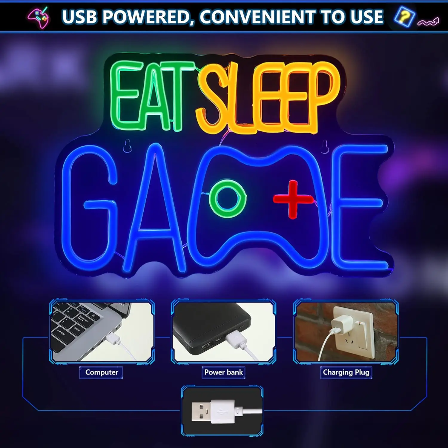 

13x8.7 inch EAT SLEEP GAME Wall Decor Neon Sign LED Light for Gamer Boy Game Room Decor Bedroom Wall Gaming Wall Decoration Gift