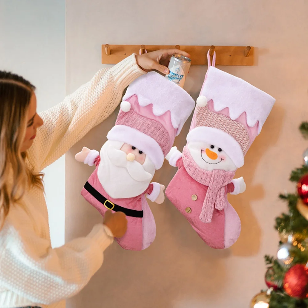 

Pink Christmas Stocking For Girls Charming Santa Claus Candy Gift Bag Pendant Festive Fireplace Hanging Ornament Xmas Decoration