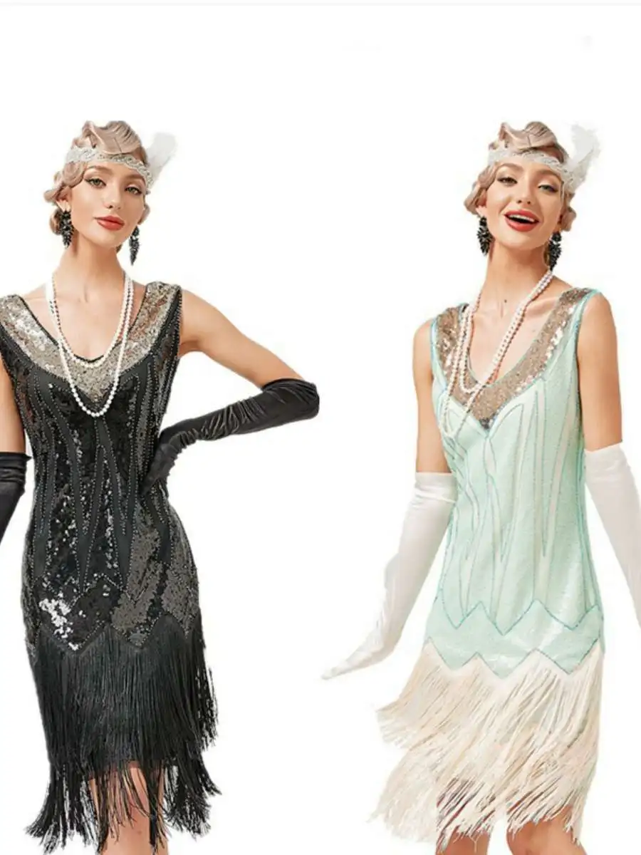 

Вечернее платье в стиле ретро с V-образным вырезом, бахромой и бисером, модель 920s, из хлопка, для латиноамериканских танцев, модное