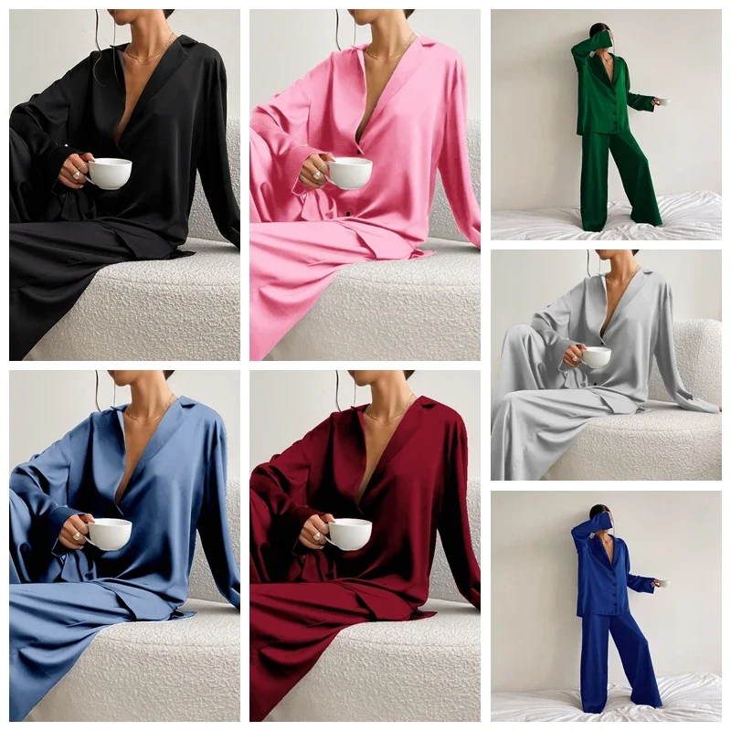 Sexy Low Cut Fashion Pajamas Set For Women Loose Casual Long Sleeve Trouser Suits Satin Silk Female Home Fitted Tops 2-Piece Set