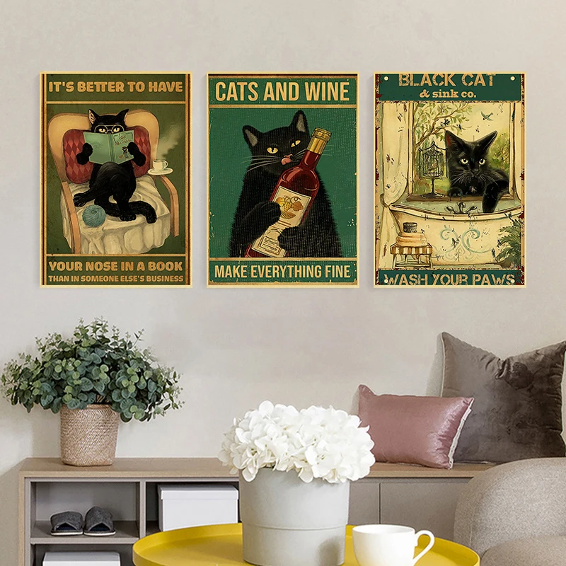 Black Cat Poster Kraft Paper Prints Posters Nostalgia Decoration Salon Paper Art Picture Creative Exquisite Bedroom Painting