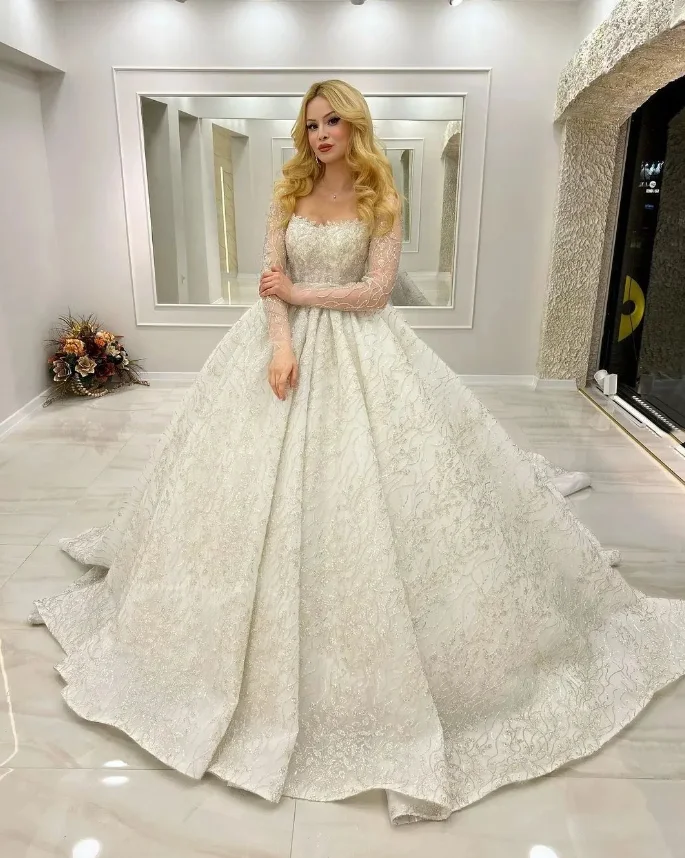 

Customized Elegant White Women Strapless Long Sleeve Wedding Dress Lace Printed Luxury Bridal Gowns A-Line Dresses