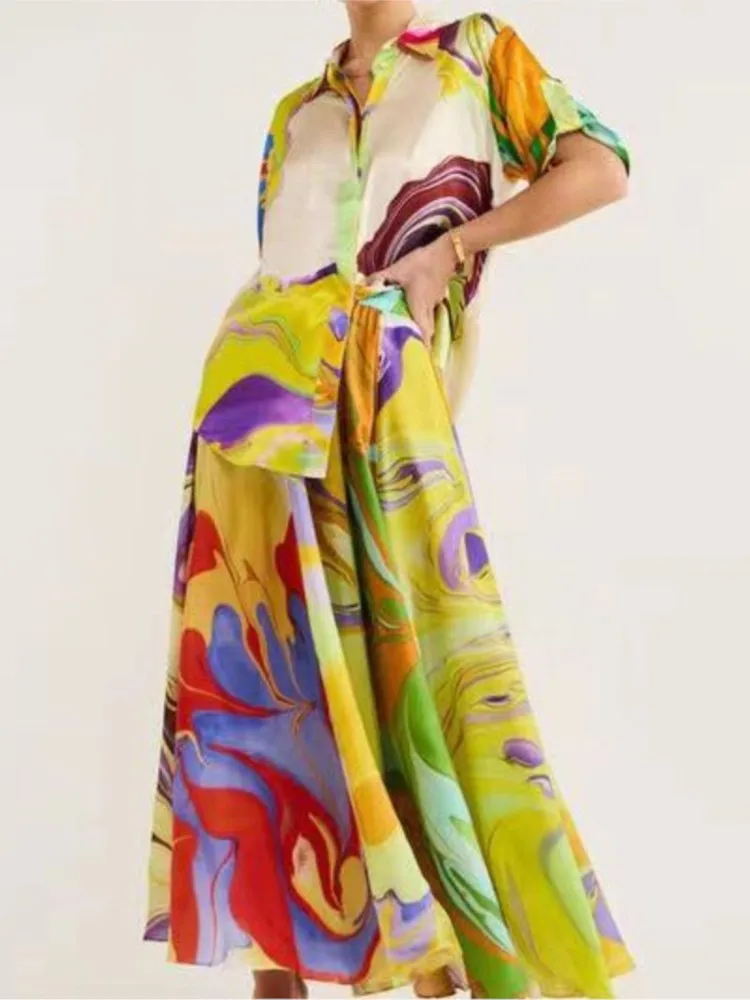 Color Print Skirts Two Piece Set Temperament Satin Half Sleeves Shirts Elastic Waist A-line Skirt 2 Piece Sets Fashion Lady Suit