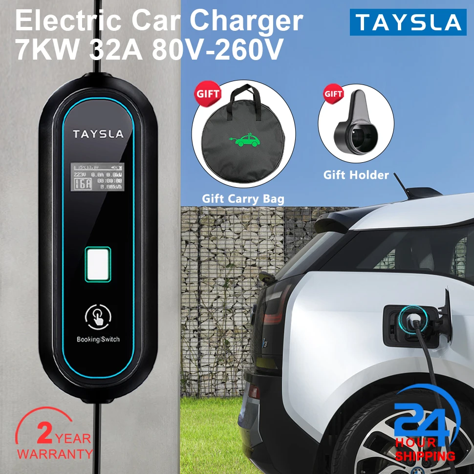 

Зарядное устройство TAYSLA 7 кВт для электромобилей, Тип 1 J1772, Тип 2, портативный зарядный кабель 5 м, настенная зарядная станция для Hyundai, KIA, BYD, электромобилей