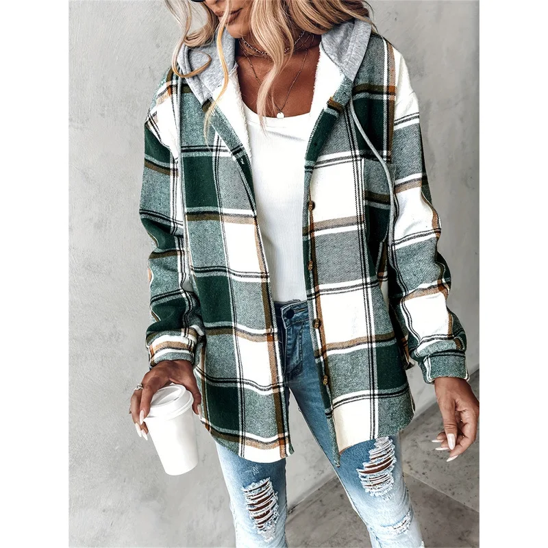 

Women's Plaid Coat Large Pattern Ladies Outerwear Cross-Border Fashionable Shirt Style Resistant to Deformation