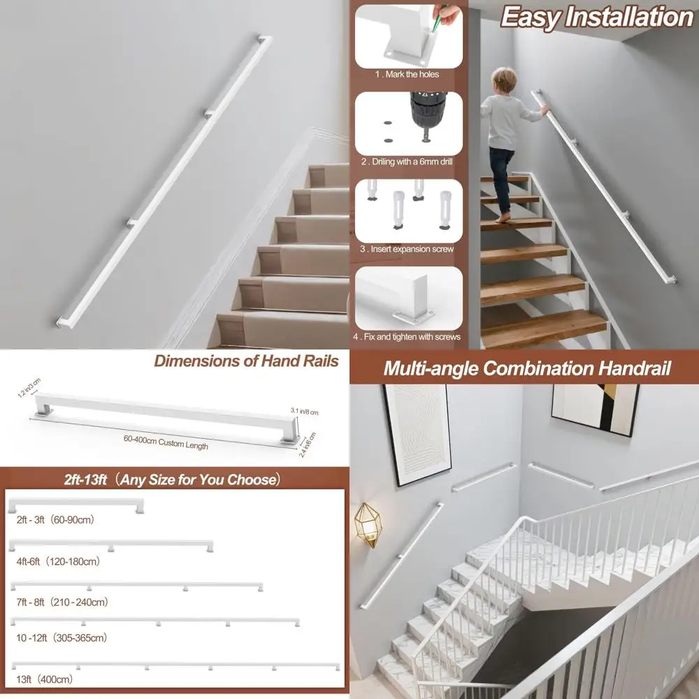 درابزين الدرج الداخلي، درابزين معدني أبيض، مثبت على الحائط، طراز صناعي حديث، يدعم 500 رطل #1