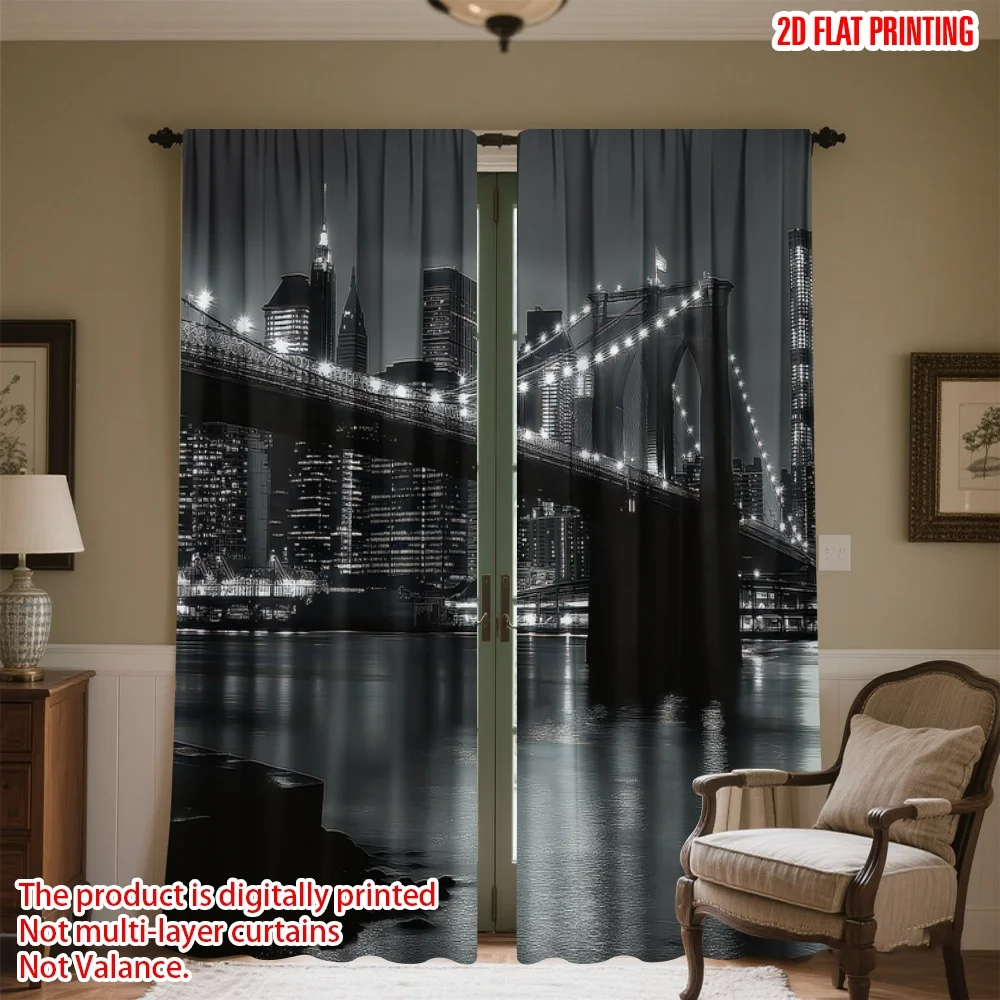 

2D flat printing 2pcs Curtain City Night Bridge Scene(1) Digital Printed Polyester Drapes Birthday Party for Bedroom Living Room