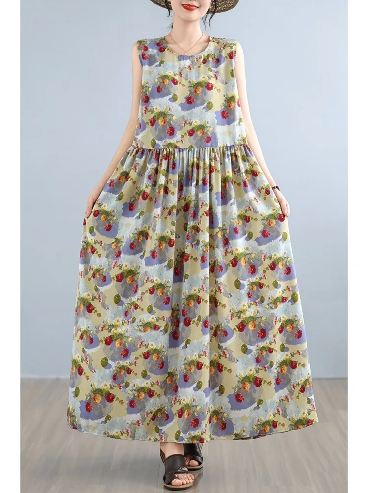 Oversized zomer mouwloze jurk dames bloemenprint mode bohemien stijl damesjurken losse ruche geplooide damesjurk