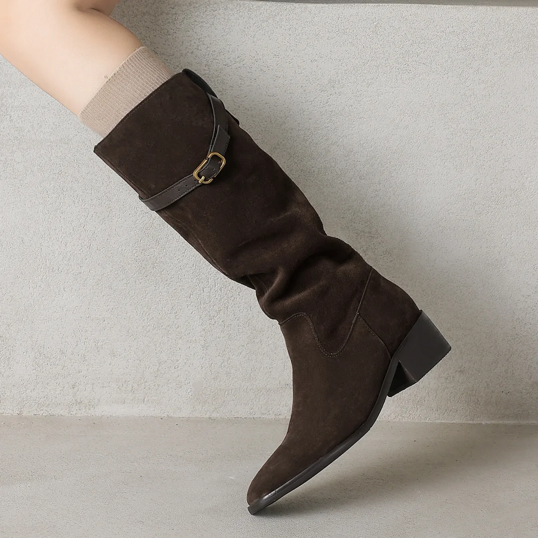 

Женские осенние сапоги до колена из натуральной замши с круглым носком и металлической пряжкой, повседневные женские длинные ботинки на толстом среднем каблуке 4,5 см