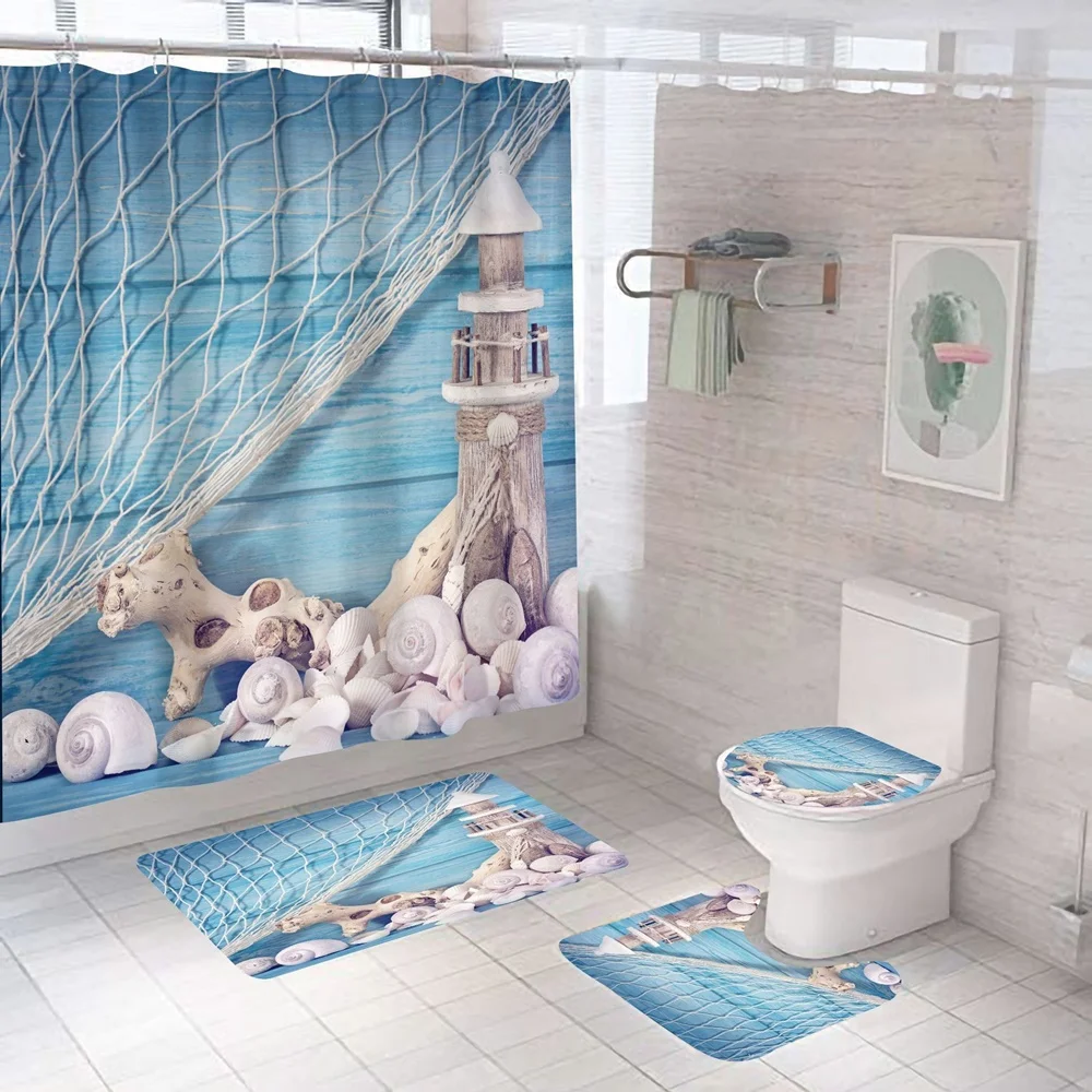 Beach Shower Curtain Set for Bathroom Decor, Seashell, Starfish, Nautical Fishnet, Vintage Blue Deck, Bath Mats, Toilet Rug