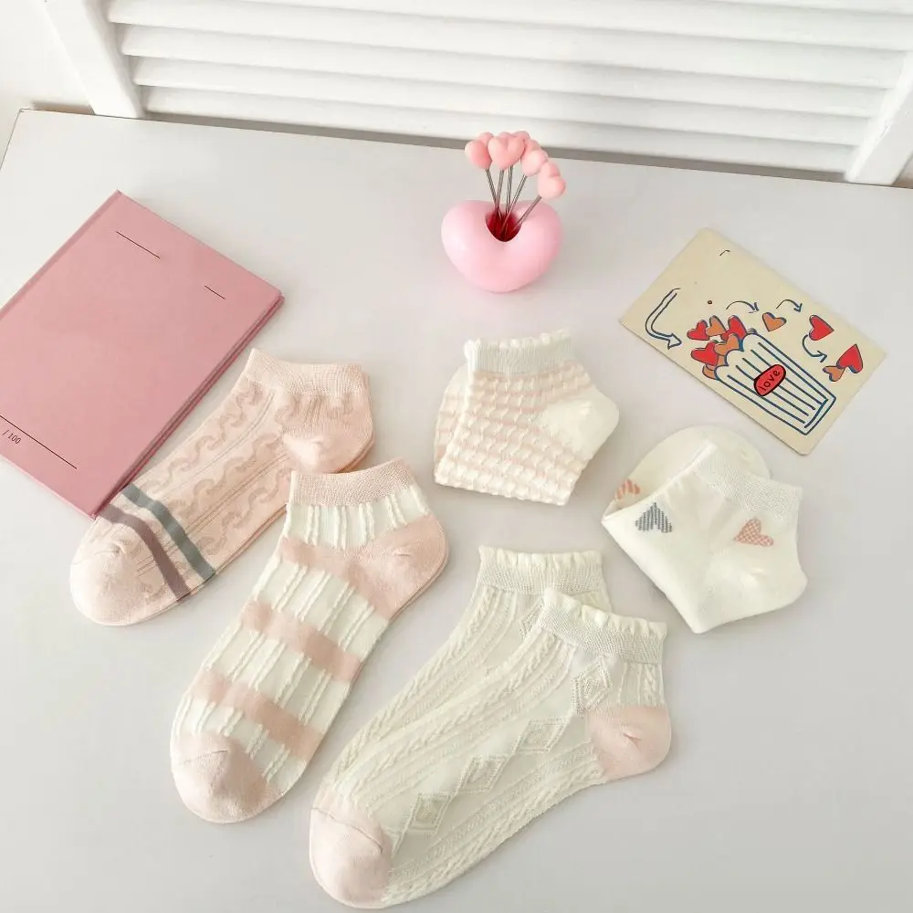 

5 пар мягких коротких носков в полоску с сердечками, милые носки до щиколотки с рюшами, женские чулочно-носочные изделия, дышащие носки-трубочки, женская уличная одежда