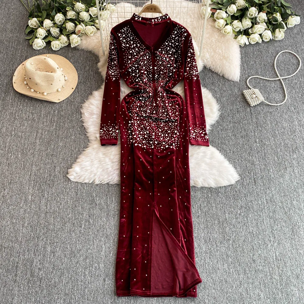 Sexy Bodycon Long Sleeve O Neck Glitter Sequin Rhinestone Velvet Dress Chic Elegant Vestidos Vintage Autumn Women Fashion Dress