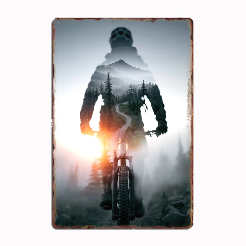 Vintage Double Exposure Mountain Biker Poster Metal Custom Sign Living Room Wall Indoor Decor Room Decoration Bedroom Home Decor