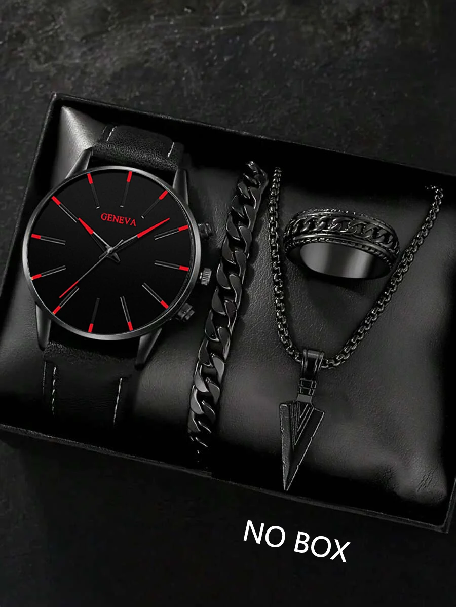 Men's Ultra-Thin PU Leather Quartz Watch Necklace Bracelet Ring Set Festive Gift Idea Box Not Included