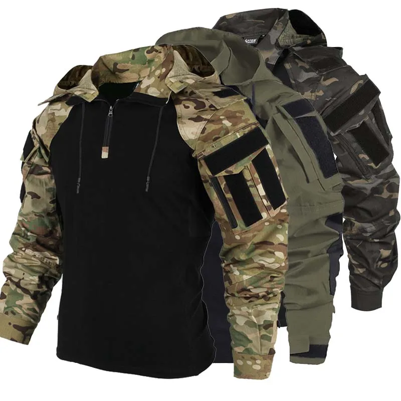 Taktische Kampfshirts für Herren, langärmelig, atmungsaktiv, T-Shirt mit Camo-Kapuze, schnell trocknend, CS-Paintball-T-Shirt, verschleißfest