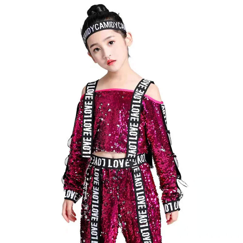 JinYing New Sequins Children Perform Jazz Dance Costumes Dance Girls Jazz Strapless Long Sleeve Hiphop Clothing Hip-Hop Dance