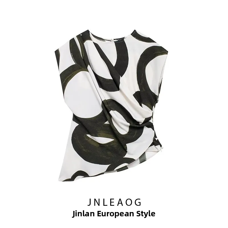 بلوزة نسائية أنيقة بنمط الشارع مطبوعة بتصميم مزدوج الصدر من ألياف البوليستر برقبة مستديرة وطول عادي ونقش هندسي #2