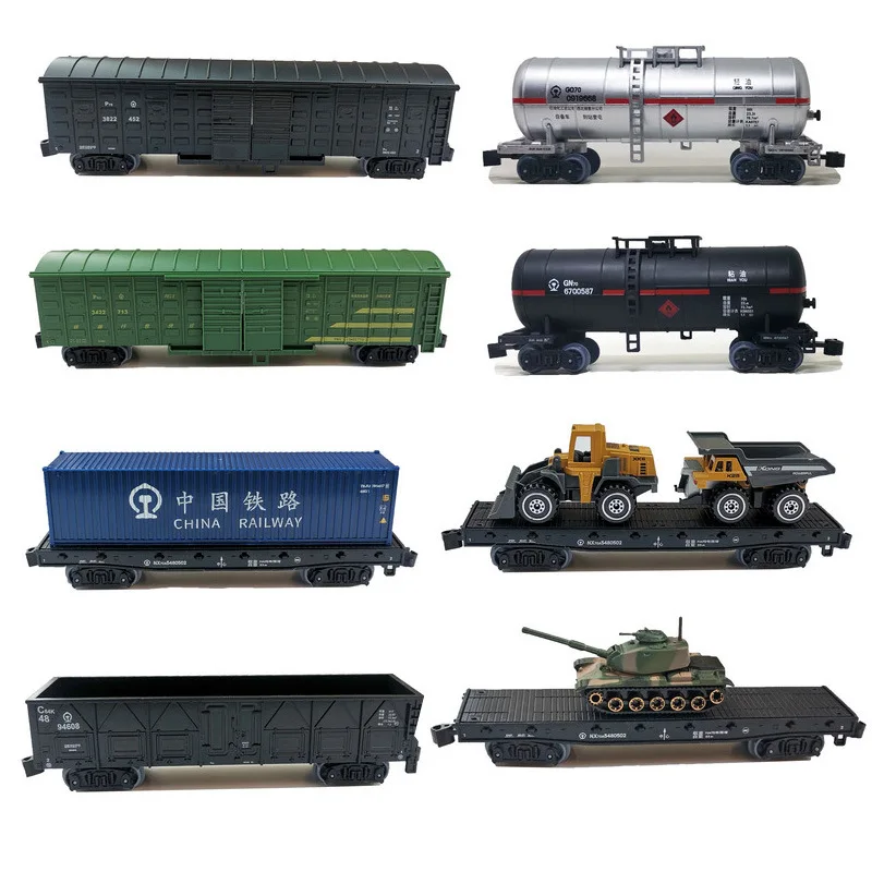 Modelo de tren Fenfa: vagón plataforma, vagón de caja, vagón contenedor, simulación de tren, juguete de ferrocarril, camión de juguete, juguetes pequeños.
