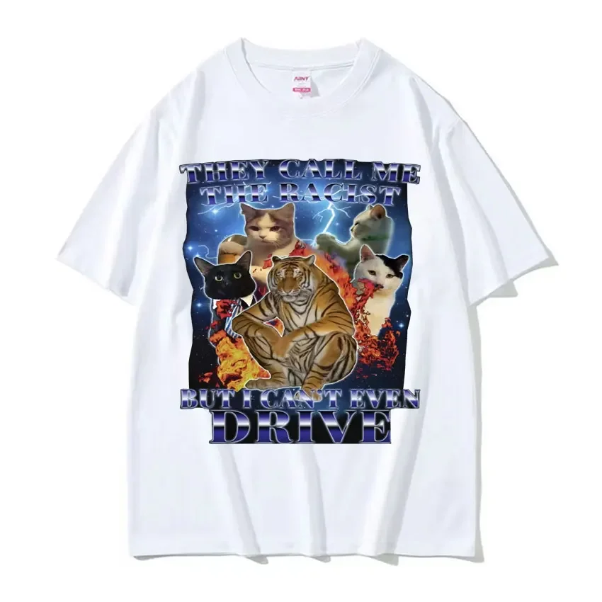 Mens Short Sleeved Round Neck Y2k Tshirt Men Clothing New in Top & Tees They Call Me Racist But I Cant Drive Funny Cat Meme