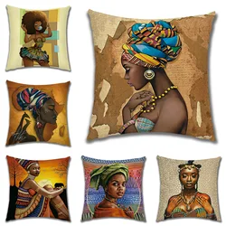 African Girl Lady Oil Painting Decorative Cushion Black Women Home Art Decoration Sofa Throw Pillow Case Linen Cushion Cover