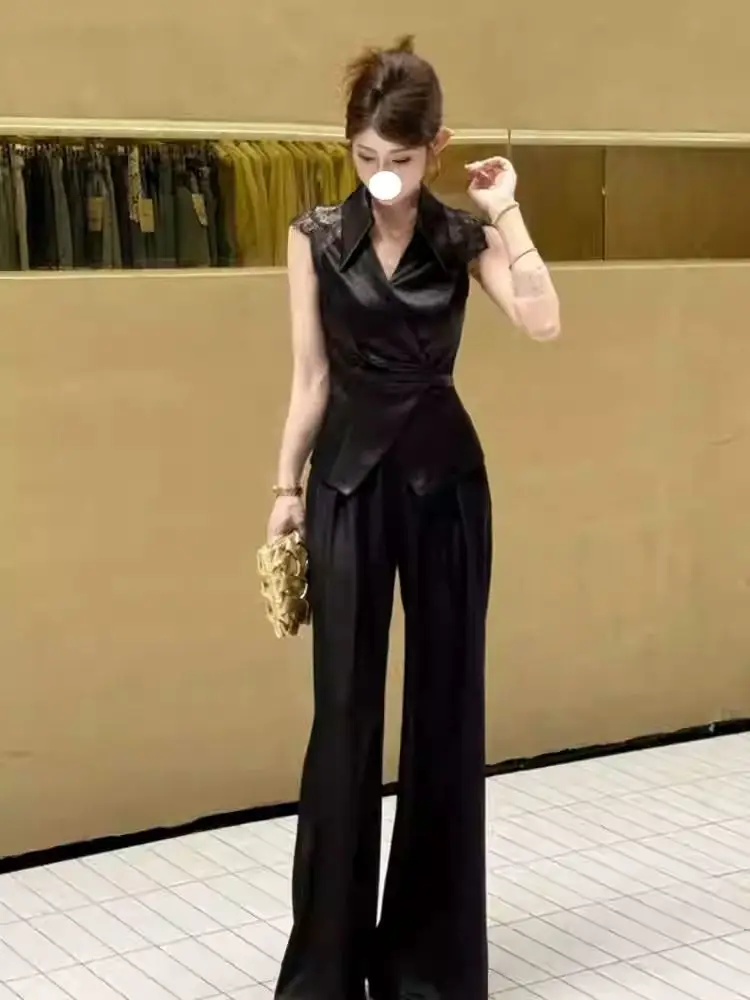 

Новый корейский модный летний комплект из 2 предметов: женская блузка без рукавов с лацканами и шнуровкой + широкие брюки, женский костюм