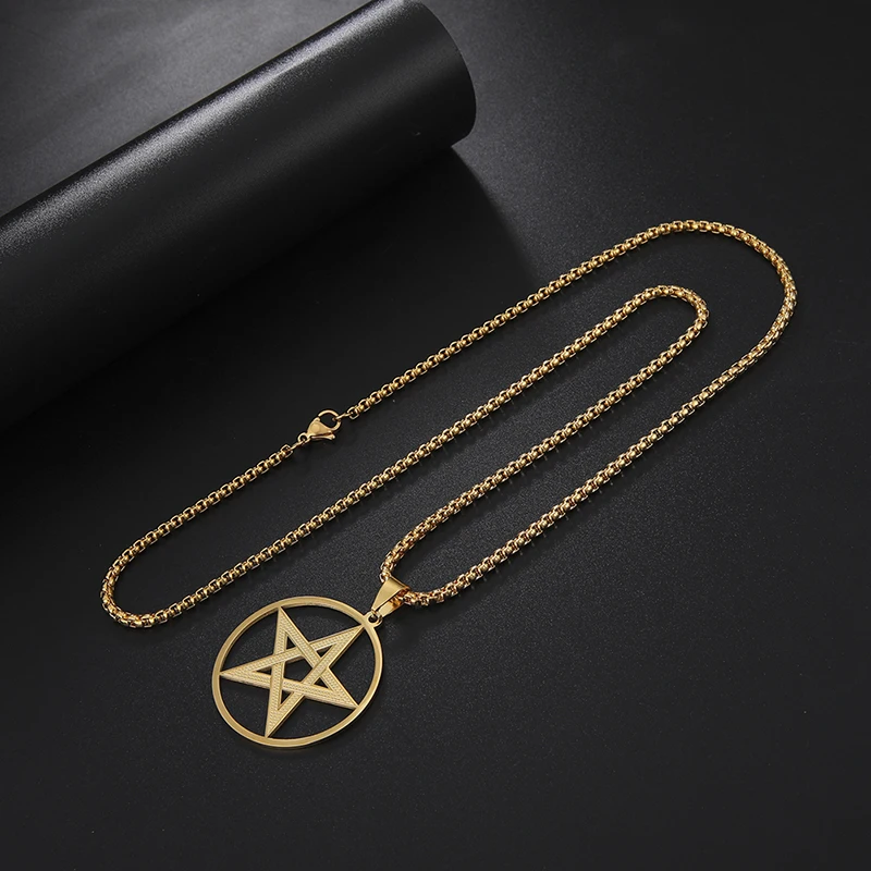 Hip Hop Openwork Pentagram Pendant Necklace for Men Women Fashion Stainless Steel Gold Color Box Chain Necklace Jewelry Gift