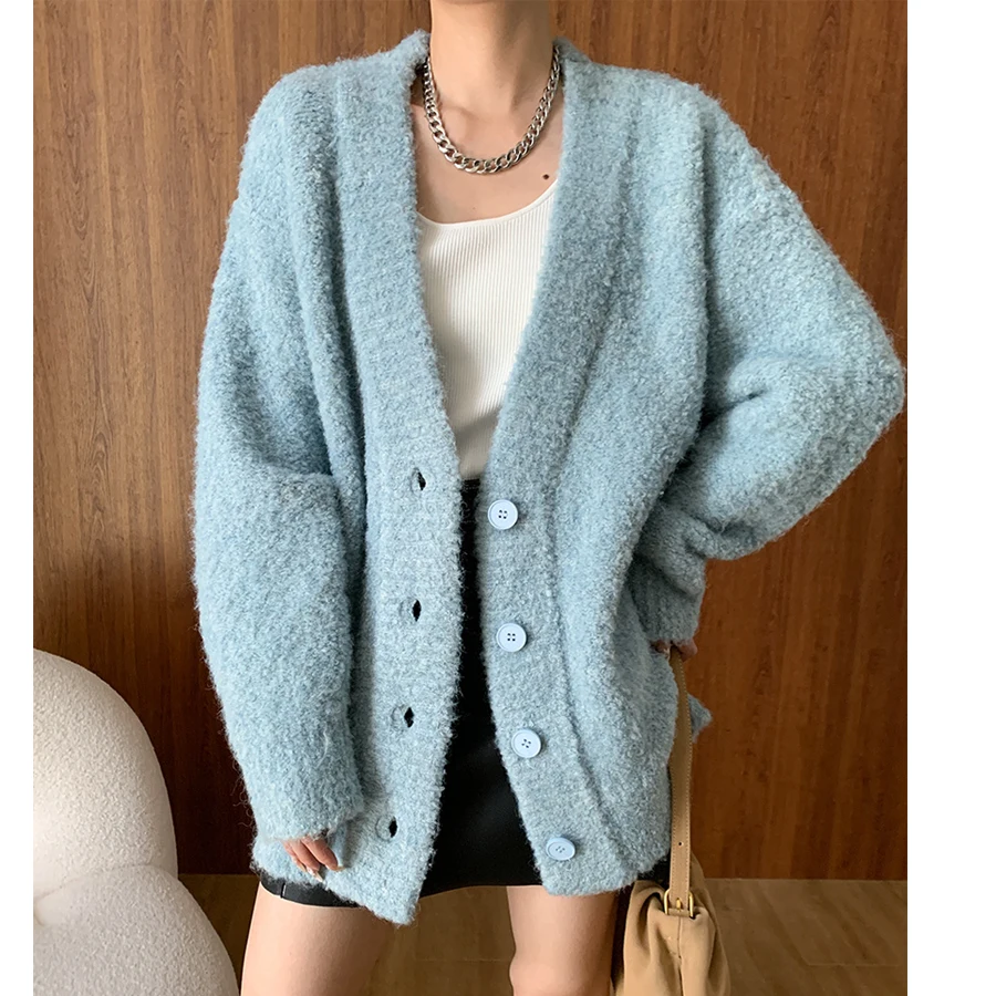 Women Autumn V-Neck Single Button Vintage Cardigans Coat Knitted Blue Color Warm Sweater Women Winter Cape Clothes Tops